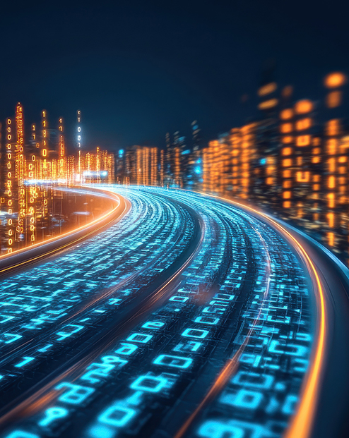 Abstract digital highway with glowing binary code, representing fast data transfer and technological advancement.
