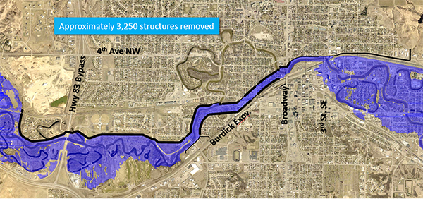 Floodplain map showing projected changes after completion of future phases of the Mouse River Enhanced Flood Protection Project, including the removal of approximately 3,250 structures from the floodplain.