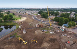 An aerial view of phases two and three of the North Minot levee system large-scale flood-risk-reduction project.