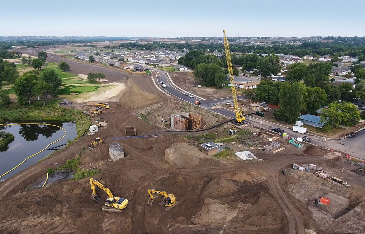 An aerial view of phases two and three of the North Minot levee system large-scale flood-risk-reduction project.