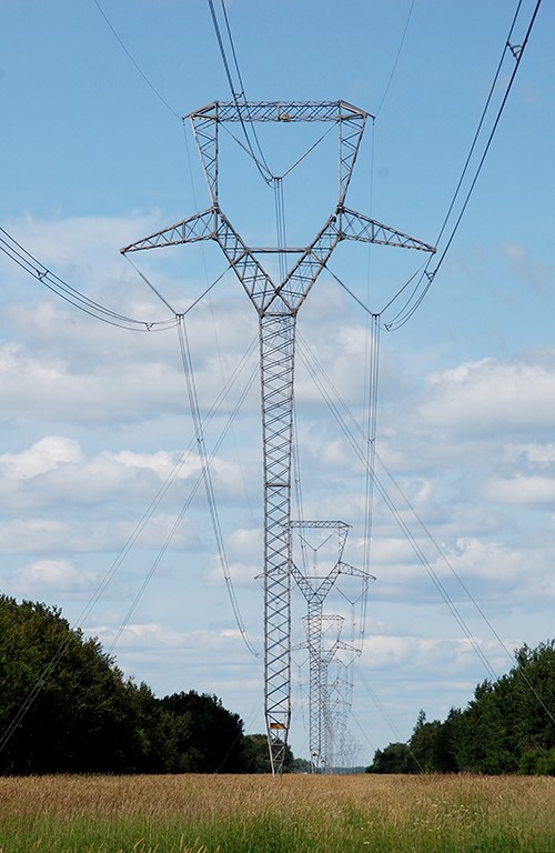 Transmission towers supporting the Great Northern power line.