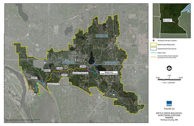 A sattelite-image overview map of a watershed delineating key features such as creeks and watershed boundaries.