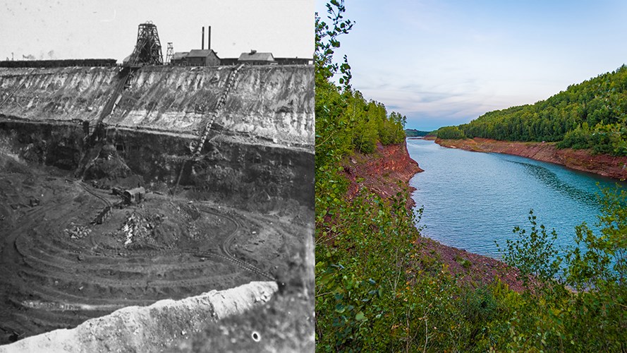 Side-by-side view comparing historic mine site during active operations with its current restored state as a mountain bike park in northern Minnesota.