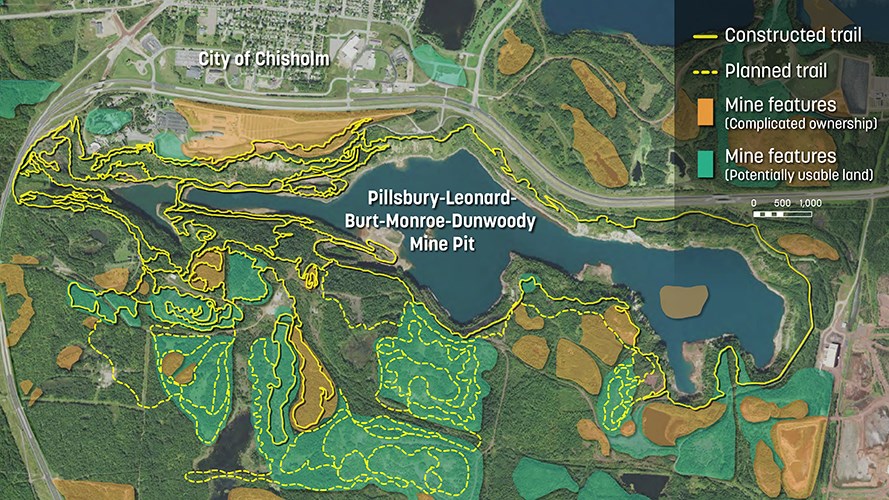 Diagram of mine pit illustrating constructed trail, planned trail routes, and key mine features for the Redhead Mountain Bike Park project.