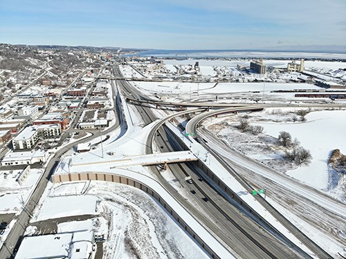 Aerial view of the completed Twin Ports Interchange.