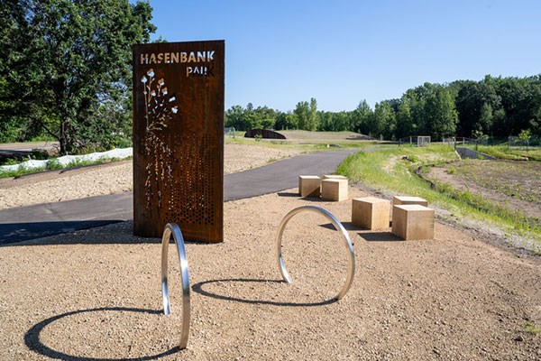 A stormwater wetland fed by a culvert with a bridge over it.