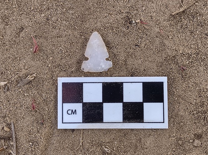 A triangular, notched arrowhead of white stone lies on sand next to a black-and-white scale card.