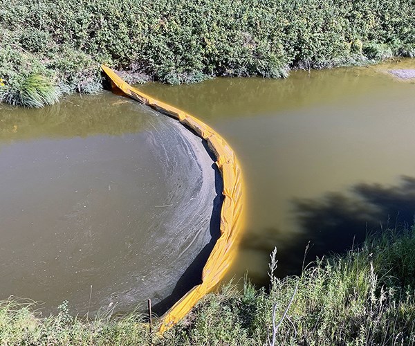 Yellow floating silt barrier curves across a murky greenish pond beside dense vegetation.