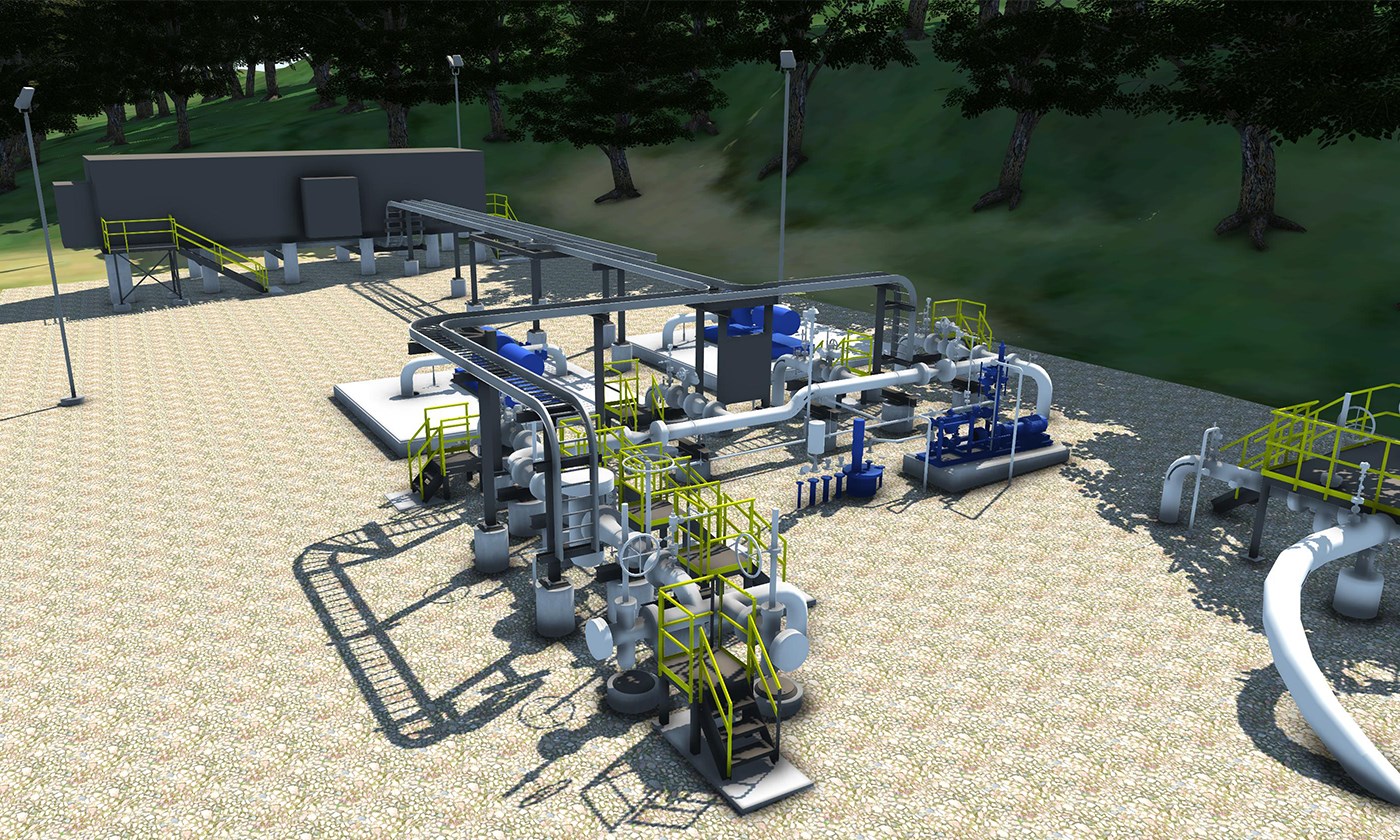 A 3D rendering of a gas pipeline facility.