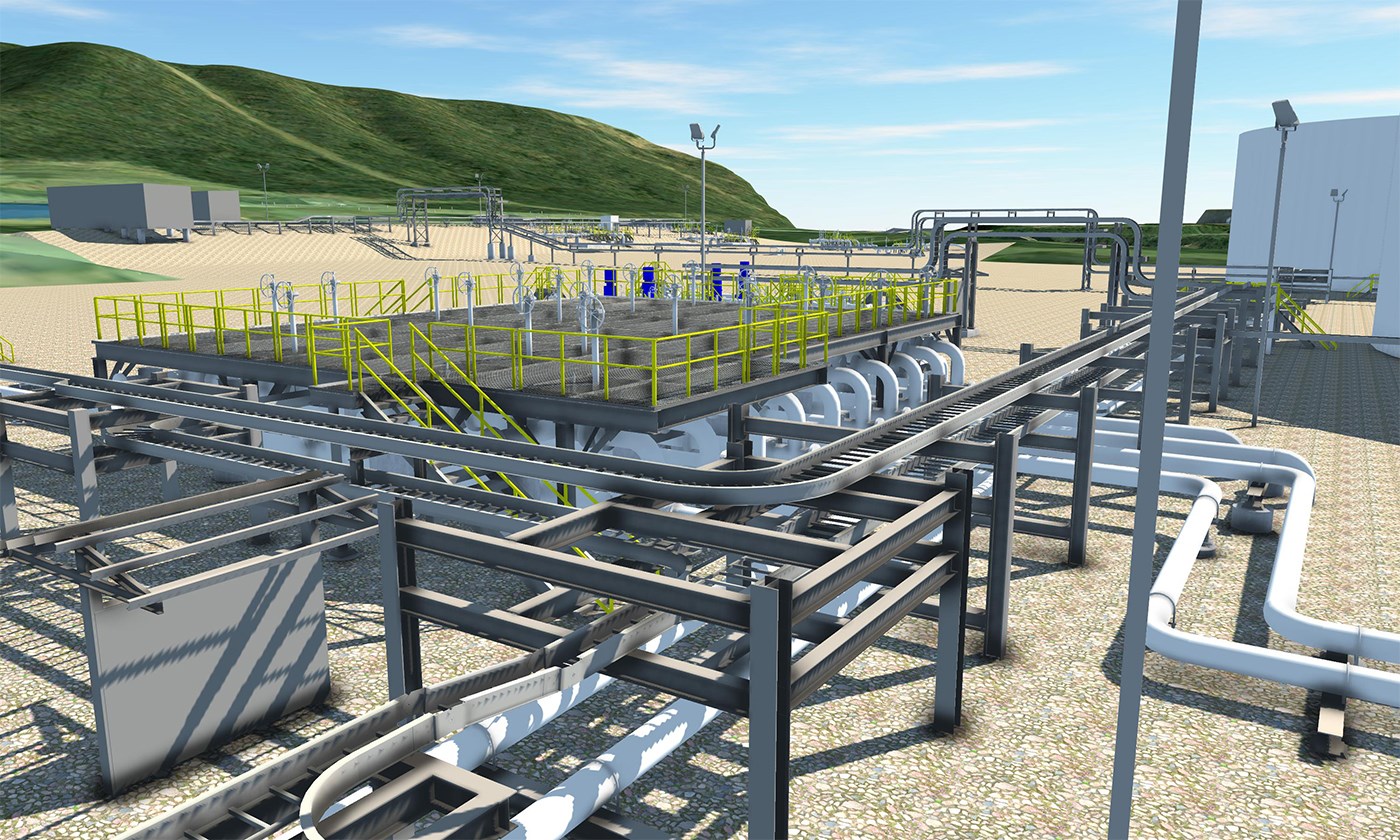A 3D rendering of a gas pipeline facility.
