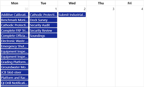 Example calendar screen from compliance tracking and management system.